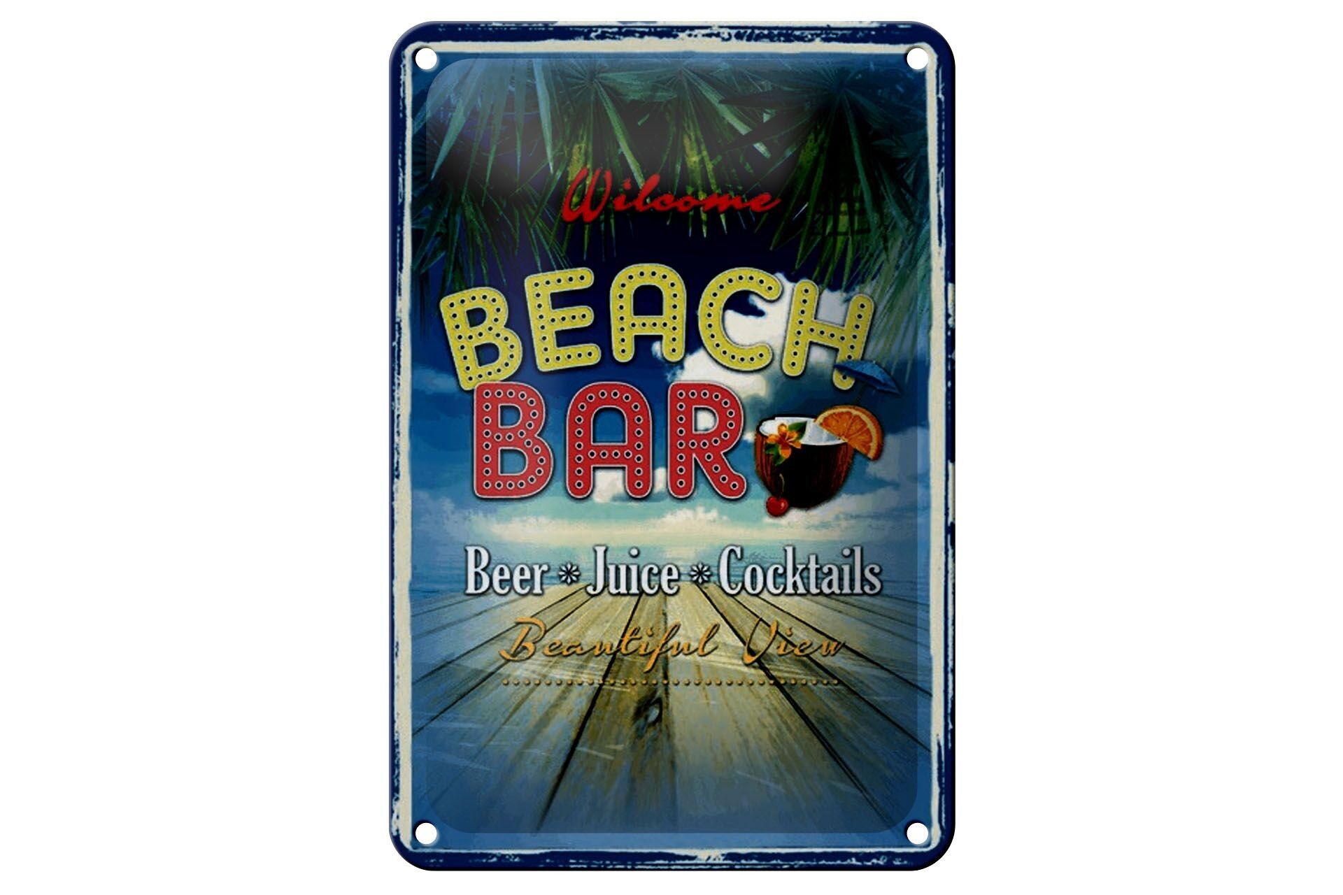 Targa in metallo con scritta "Wilcome Beach Bar Beer Juice" 12x18 cm