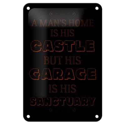 Cartel de chapa que dice Castillo de la casa del hombre, 12x18cm, pero el garaje es decoración