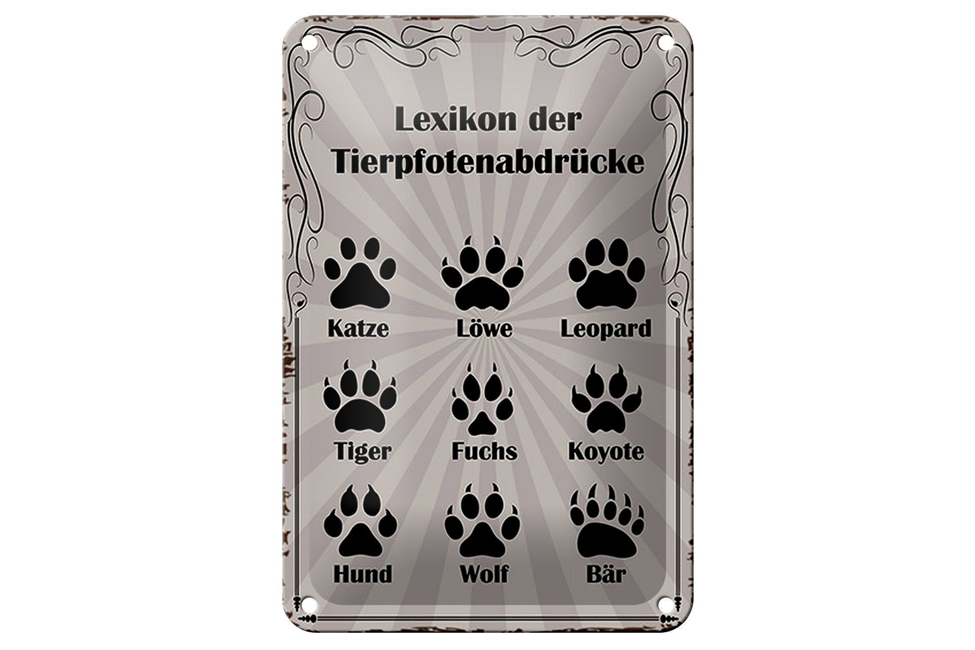 Panneau en étain disant 12x18cm, lexique, empreintes de pattes d'animaux, décoration d'animaux