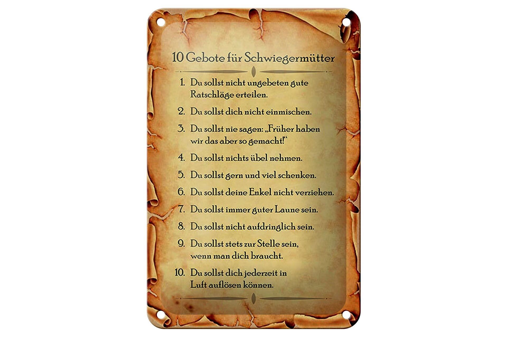 Tin sign saying 12x18cm 10 commandments for mothers-in-law decoration