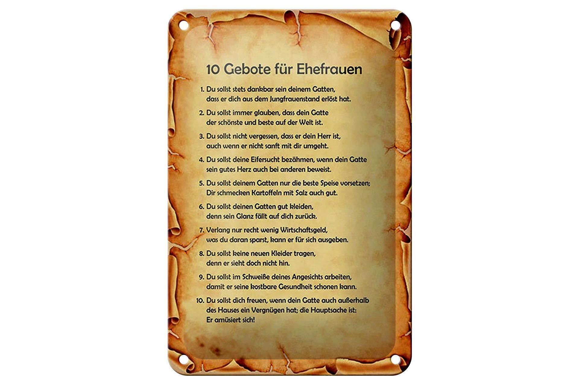 Targa in latta con scritta 12x18 cm 10 Comandamenti per la Decorazione delle Mogli