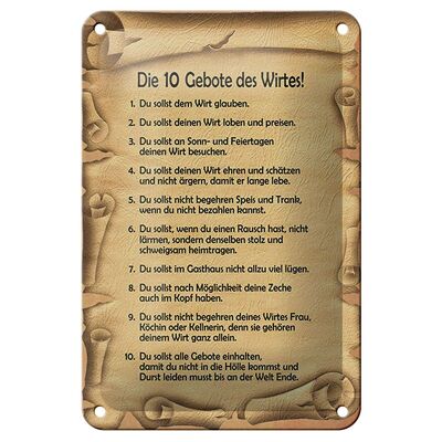 Blechschild Spruch 12x18cm die 10 Gebote des Wirtes Dekoration