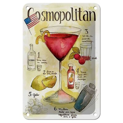 Plaque en tôle recette 12x18cm, décoration de recette de cocktail cosmopolite