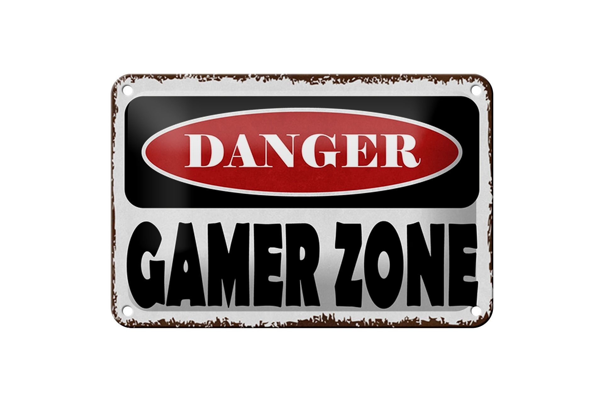 Targa in metallo con scritta "pericolo gamer zone" 18x12 cm
