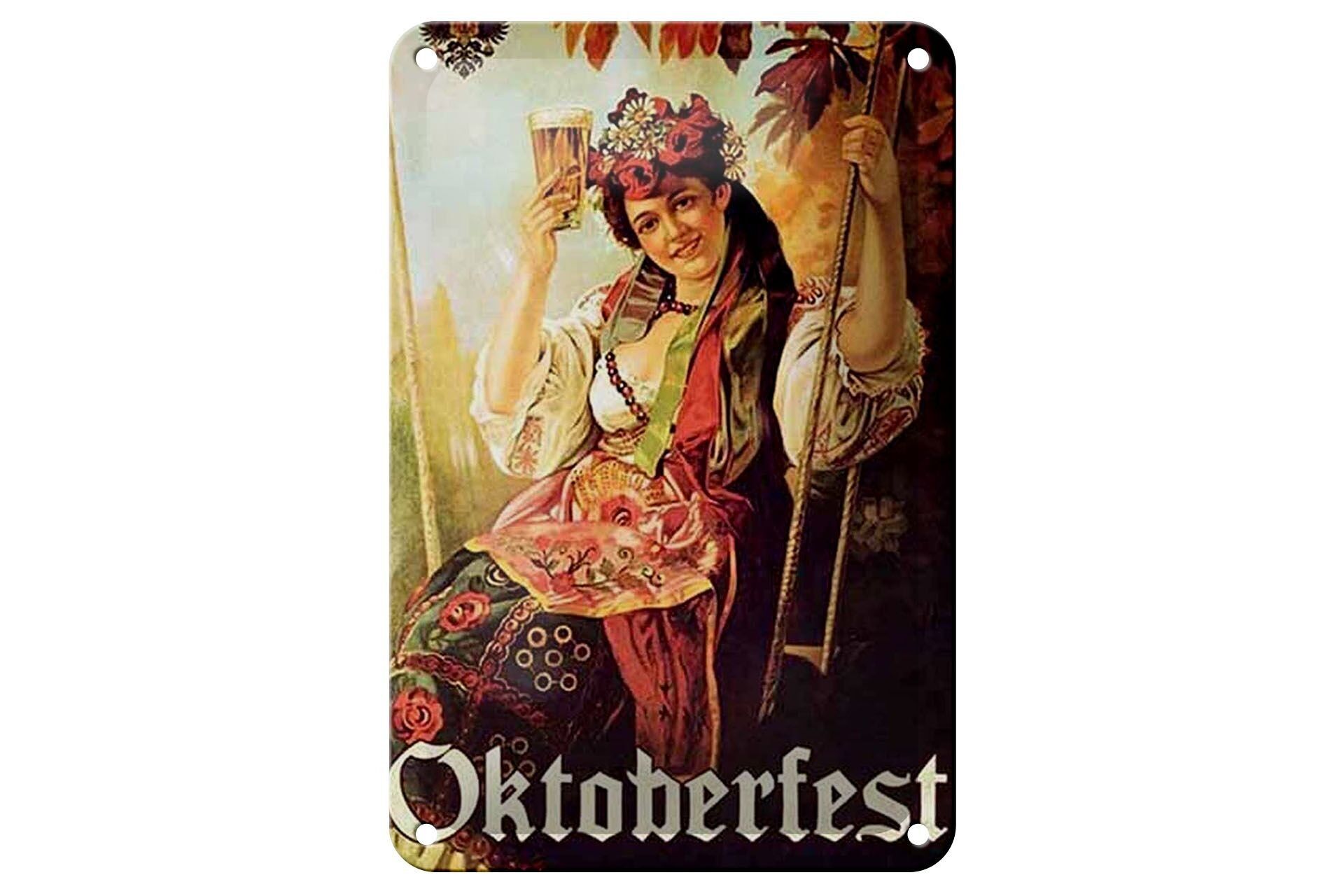 Targa in metallo Pin Up 12x18 cm Oktoberfest Donna con decorazione birra