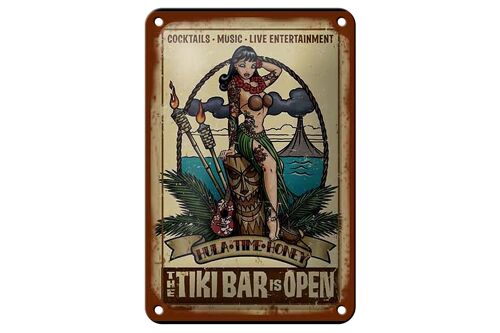 Blechschild Pin Up 12x18cm TIKI Bar is Open Cocktail Music Dekoration