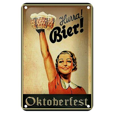 Letrero de chapa que dice 12x18cm Oktoberfest Hurra mujer con decoración de cerveza