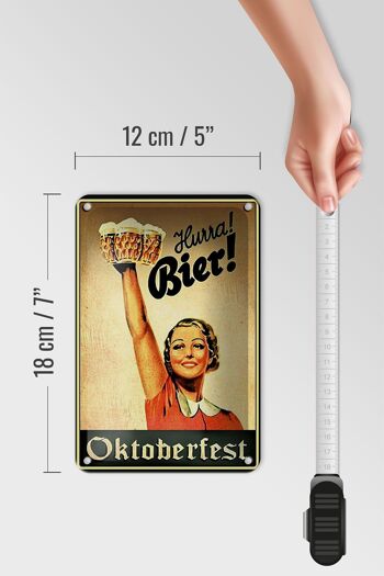 Panneau en étain disant 12x18cm Oktoberfest Hourray femme avec décoration de bière 5