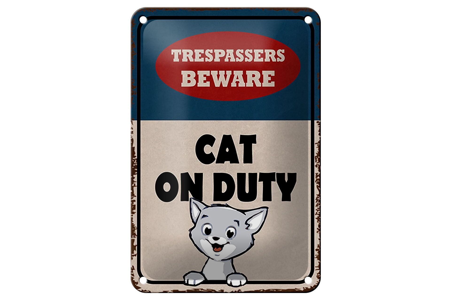 Targa in latta da 12 x 18 cm con scritta "Attenti ai trasgressori, gatto in servizio".