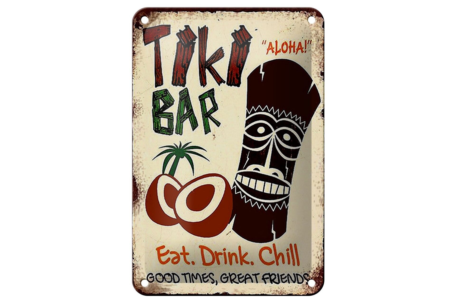 Targa in metallo con scritta TIKI Bar Aloha eat drink chill decorazione 12x18 cm
