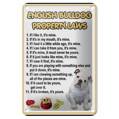 Letrero de chapa que dice decoración de leyes de propiedad de bulldog inglés de 12x18cm