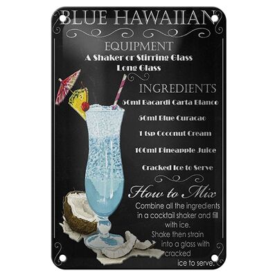 Cartel de chapa alcohol 12x18cm decoración ingredientes hawaianos azul