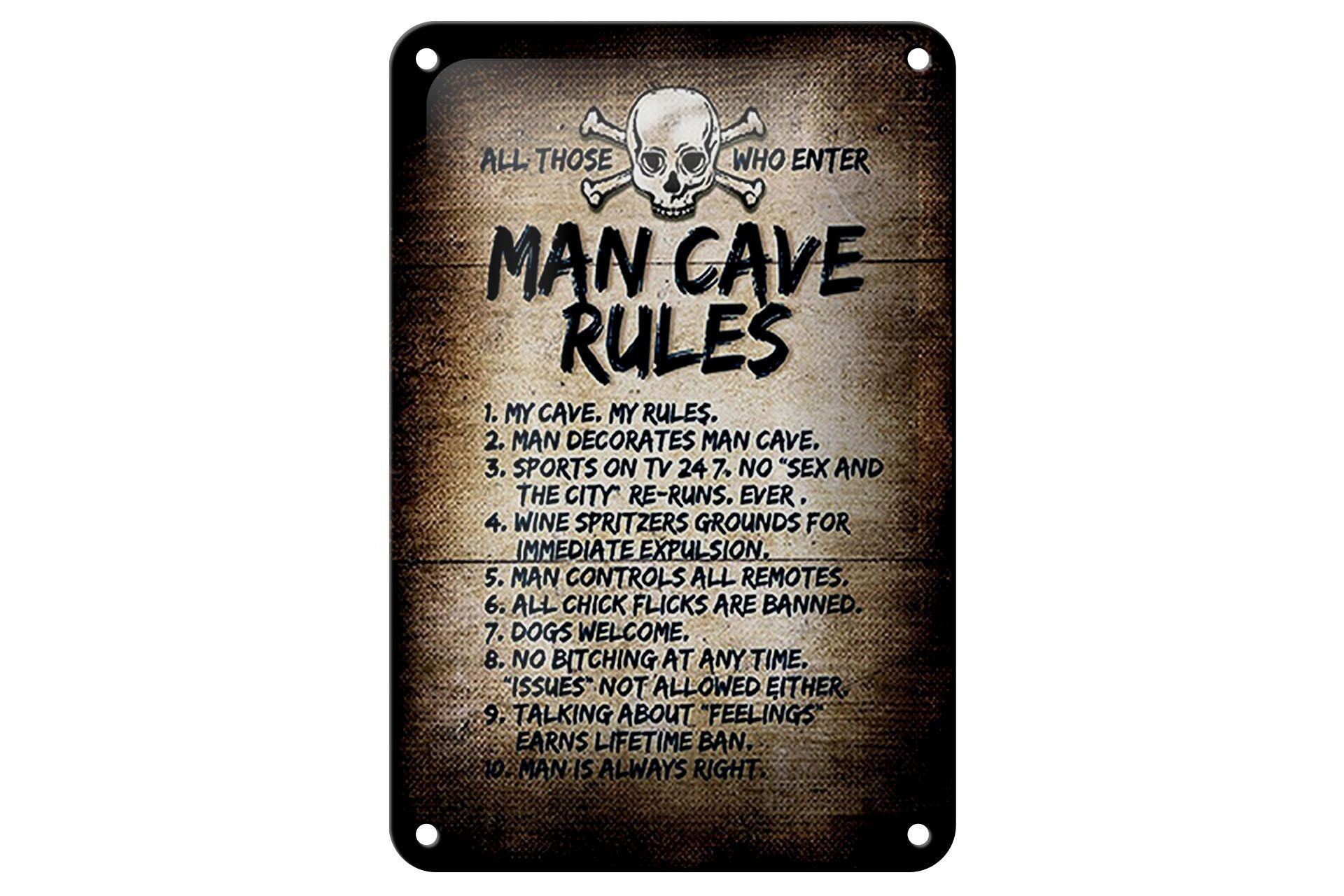 Targa in latta con scritta 12x18 cm uomo caverna governa decorazione teschio