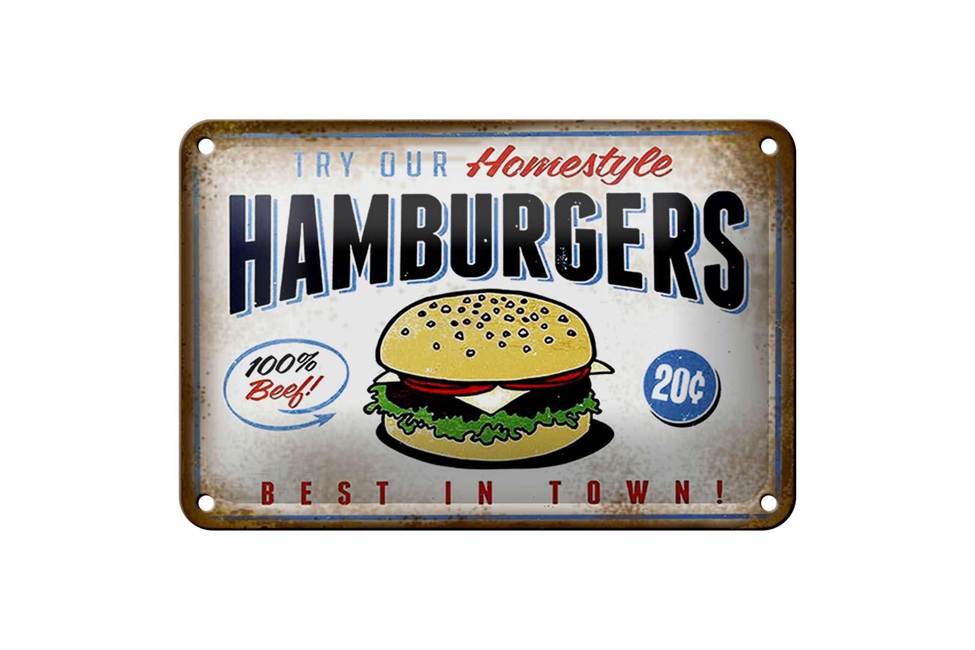 Targa in metallo con scritta "Hamburger best in town" 18x12 cm, decorazione 100% manzo