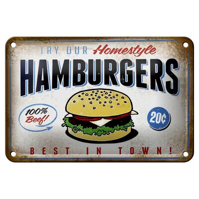 Targa in metallo con scritta "Hamburger best in town" 18x12 cm, decorazione 100% manzo