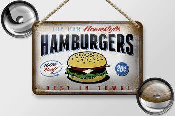 Plaque en tôle avec inscription « Hamburger best in town », décoration 100 % bœuf, 18 x 12 cm. 2