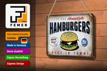 Plaque en tôle avec inscription « Hamburger best in town », décoration 100 % bœuf, 18 x 12 cm. 3