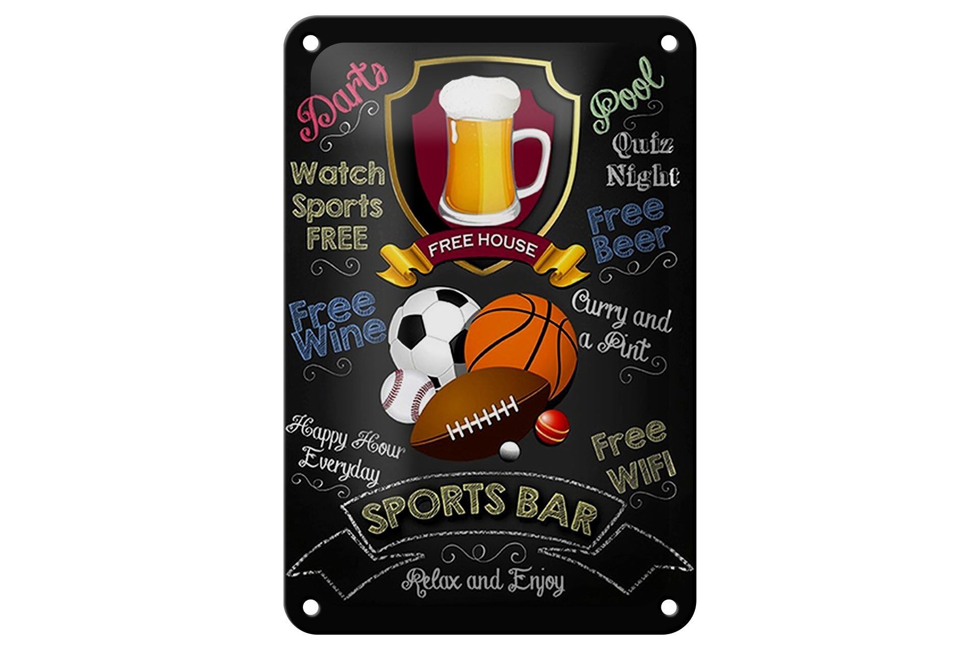 Targa in metallo con scritta 12x18 cm Sports Bar Happy Hour Birra, decorazione con freccette