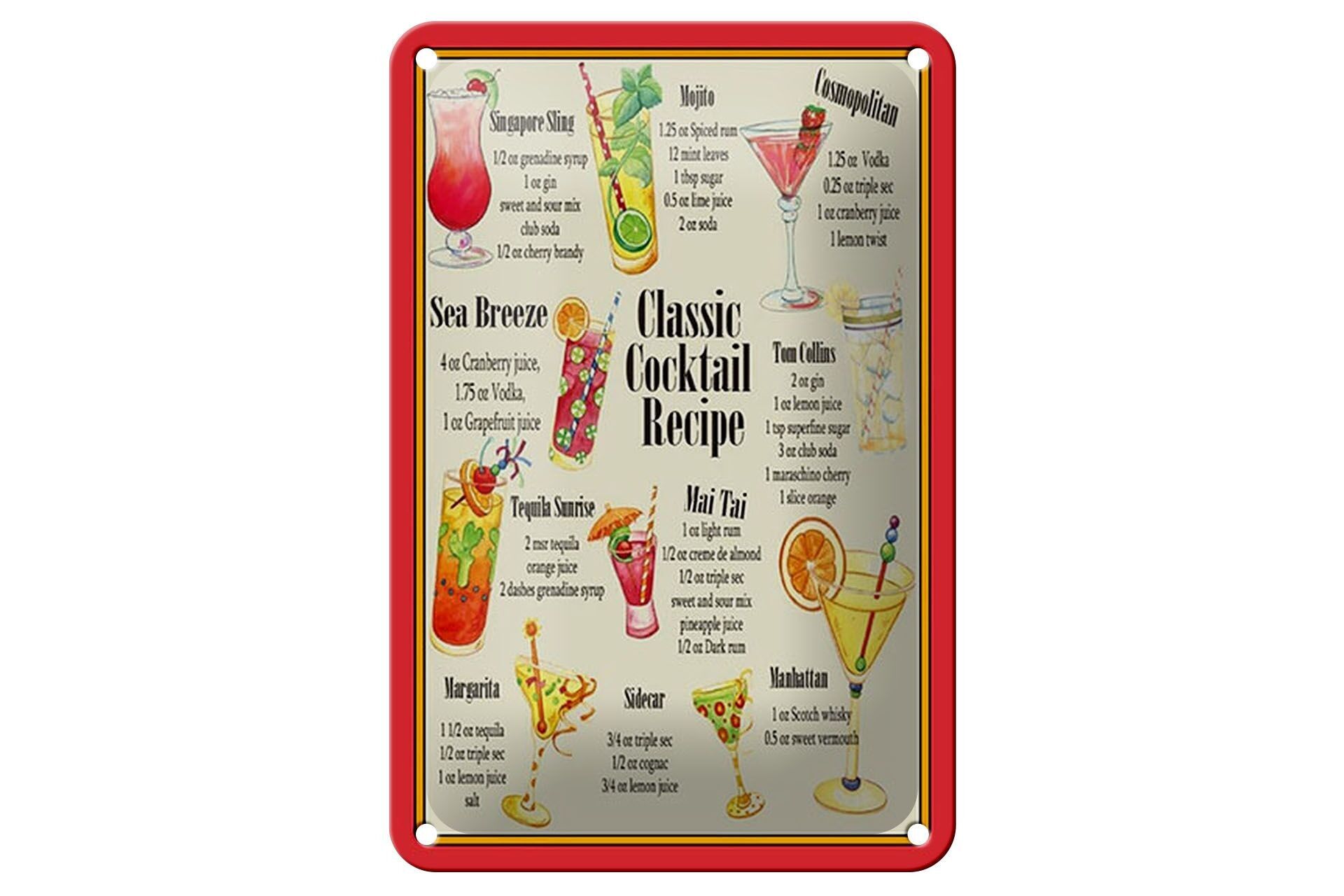 Cartel de chapa Alcohol 12x18cm Decoración clásica de recetas de cócteles