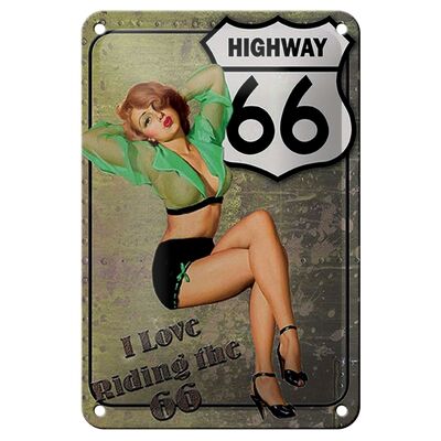 Cartel de chapa Pin Up 12x18cm Autopista 66 me encanta montar en el 66 Decoración