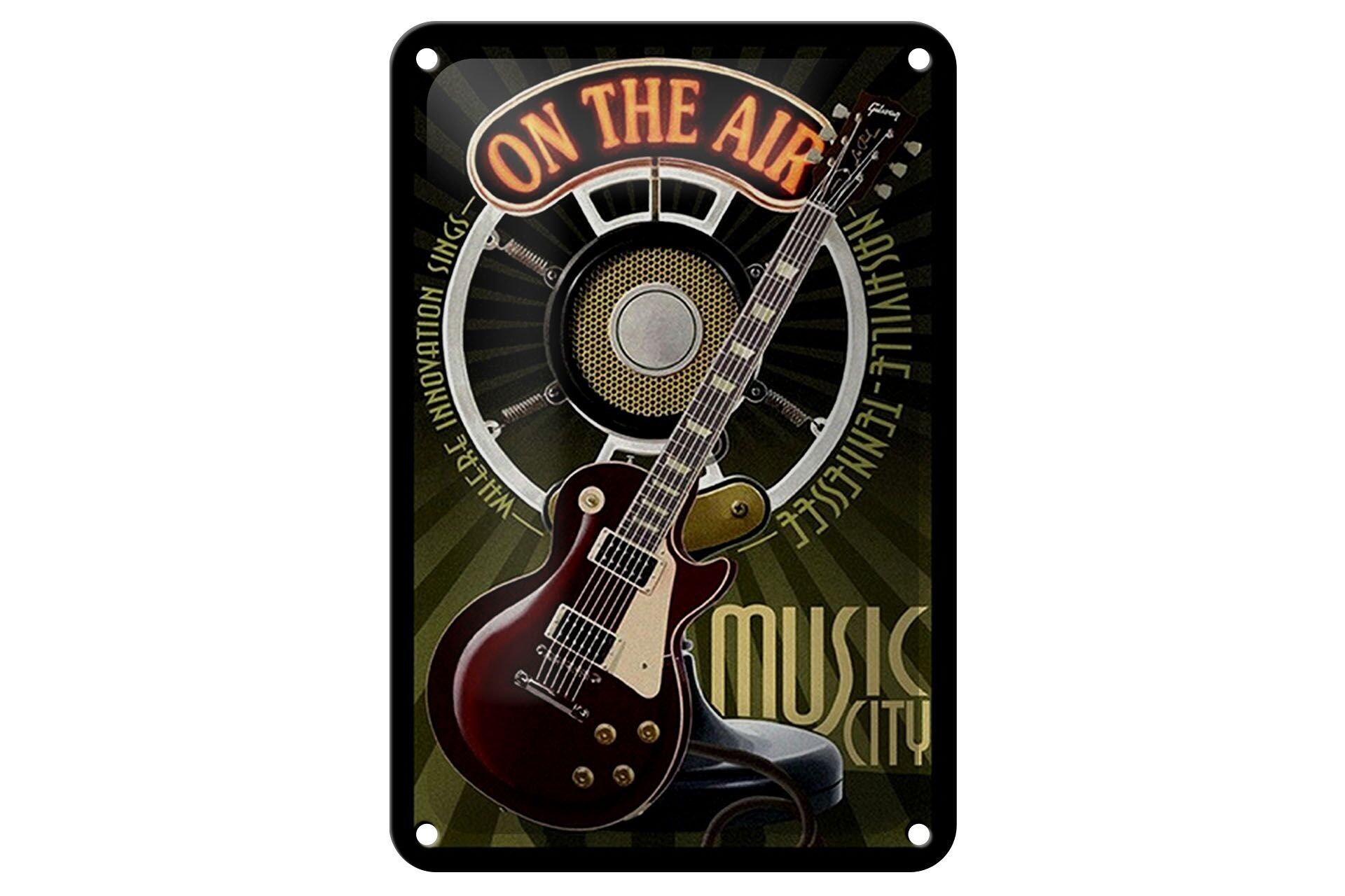 Targa in metallo con scritta 12x18 cm Decorazione chitarra Music City on the Air