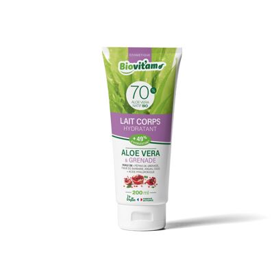 LECHE CORPORAL ALOE VERA Y GRANADA Aceite de Argán Granada Coco Higo Chumbo Ácido Hialurónico y 99,8% ingredientes de origen natural PEGREEN tubo 200 ml