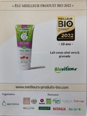 LAIT CORPS ALOE VERA & GRENADE Huile Argan Grenade Coco Figue Barbarie Acide Hyaluronique et 99,8% ingrédients d'origine naturelle Tube PEGREEN 200 ml 3