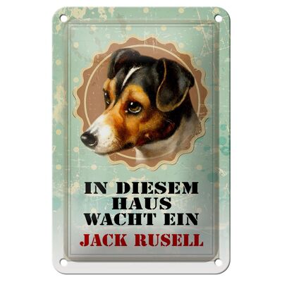 Cartel de chapa perro 12x18cm en esta casa guarda decoración Jack Russel