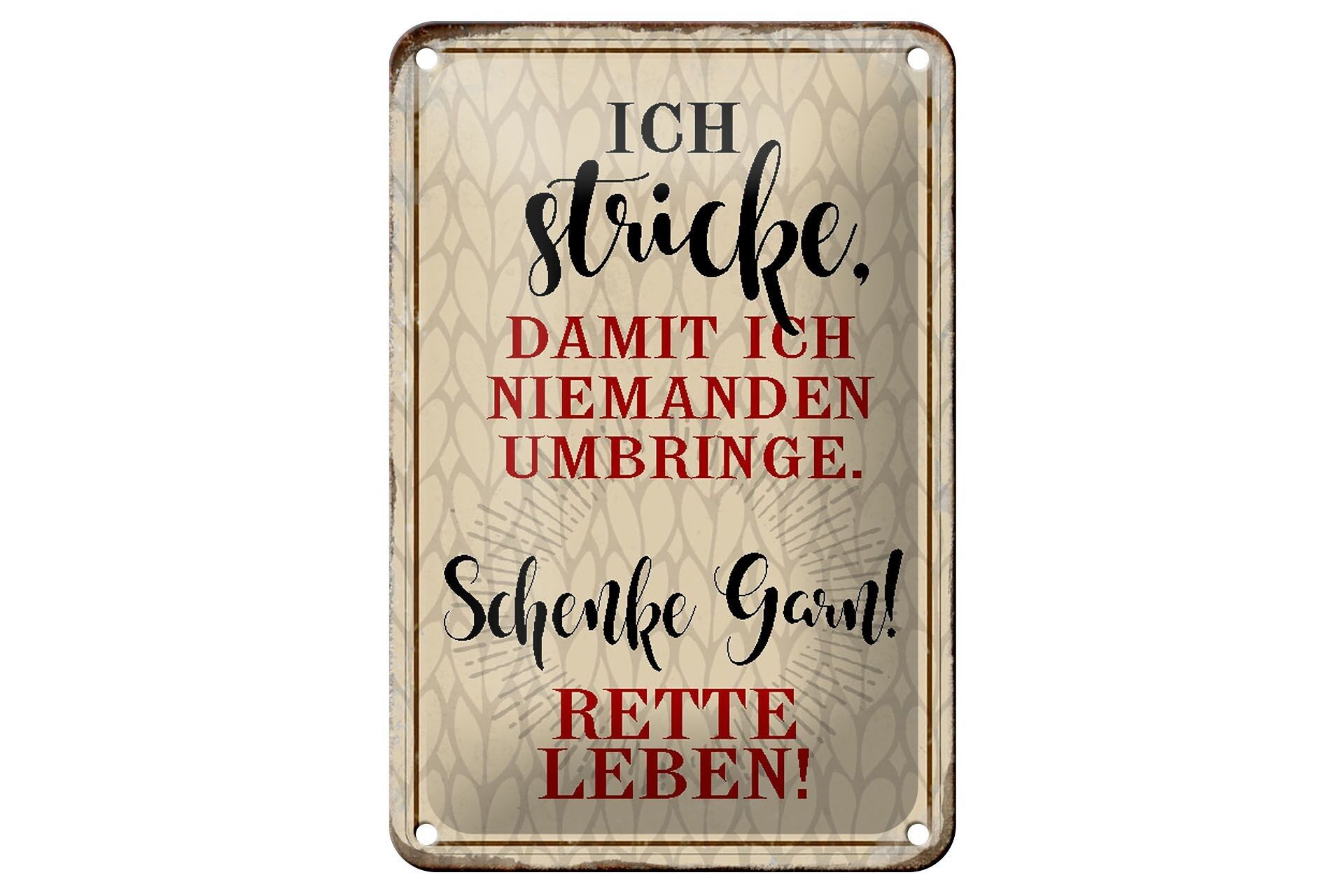 Plaque en étain disant 12x18cm Je tricote, personne ne tue, décoration