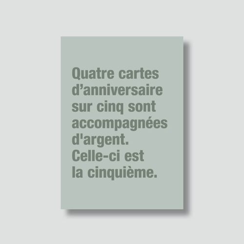 Carte "Anniversaire" :

Quatre cartes sur cinq sont accompagnées d 'argent