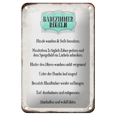 Targa in metallo con scritta "Regole del bagno lavarsi le mani" 12 x 18 cm, decorazione