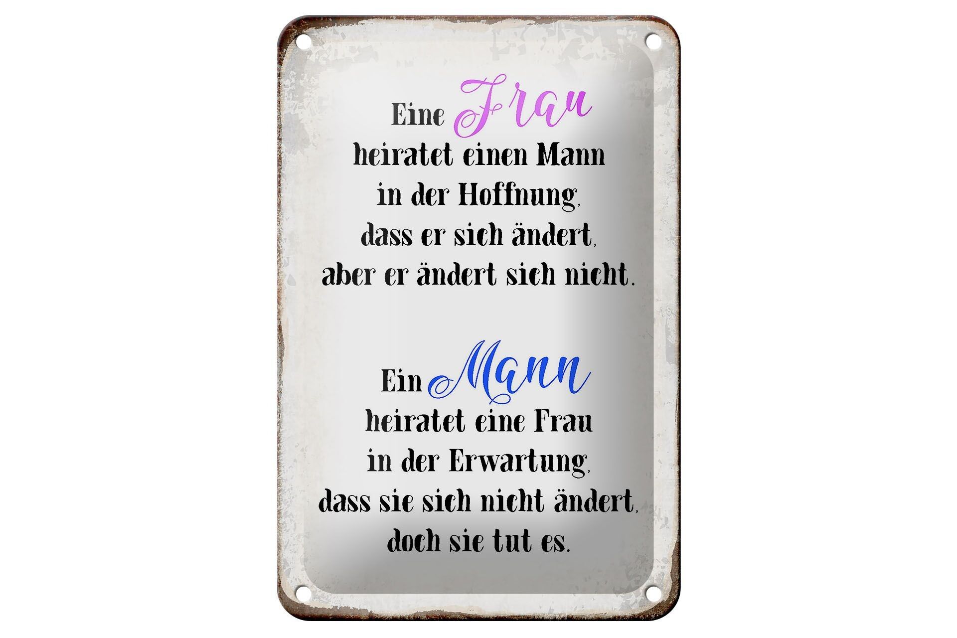 Targa in metallo con scritta "Una donna sposa un uomo" 12x18 cm. Decorazione