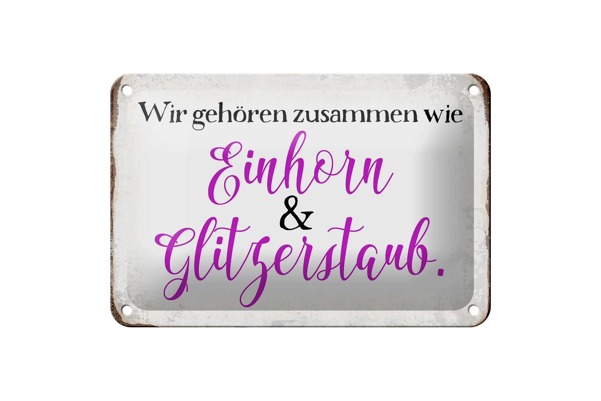Targa in metallo con scritta unicorno 18x12 cm e decorazione in polvere glitterata