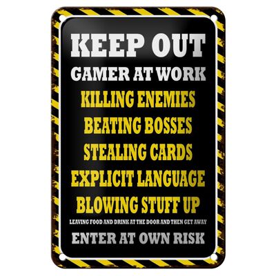 Letrero de chapa que dice 12x18cm Keep Out gamer at work matando decoración