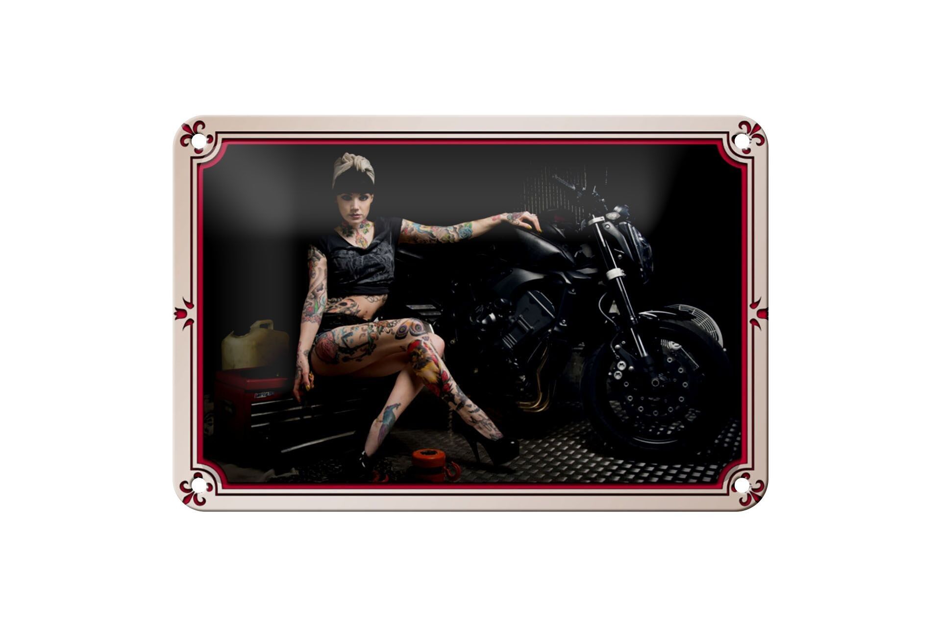 Targa in metallo Motocicletta 18x12 cm Decorazione tatuaggio Biker Girl Pinup Woman