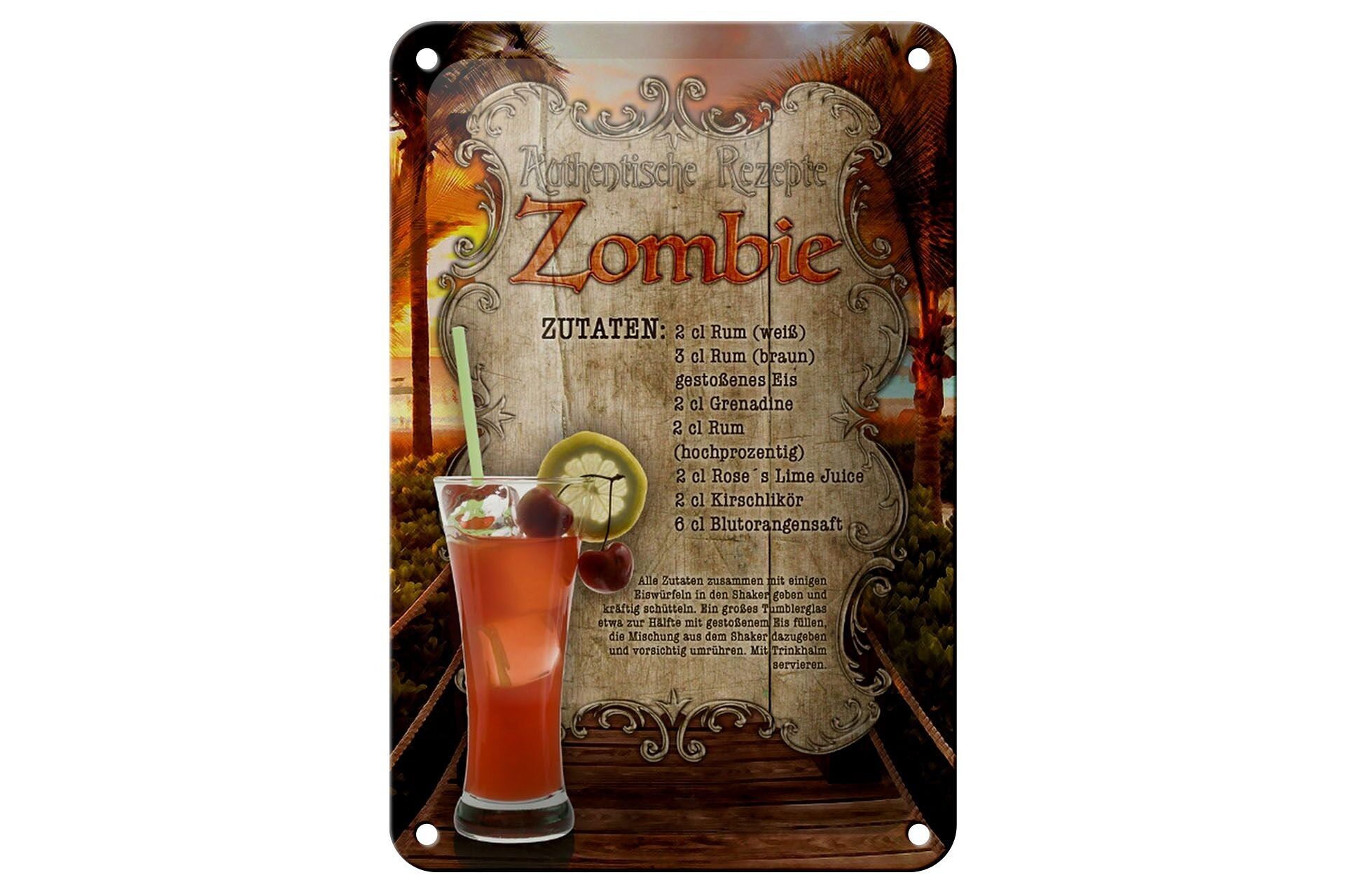 Cartel de chapa Receta 12x18cm Ingredientes zombies Ron Granadina Decoración