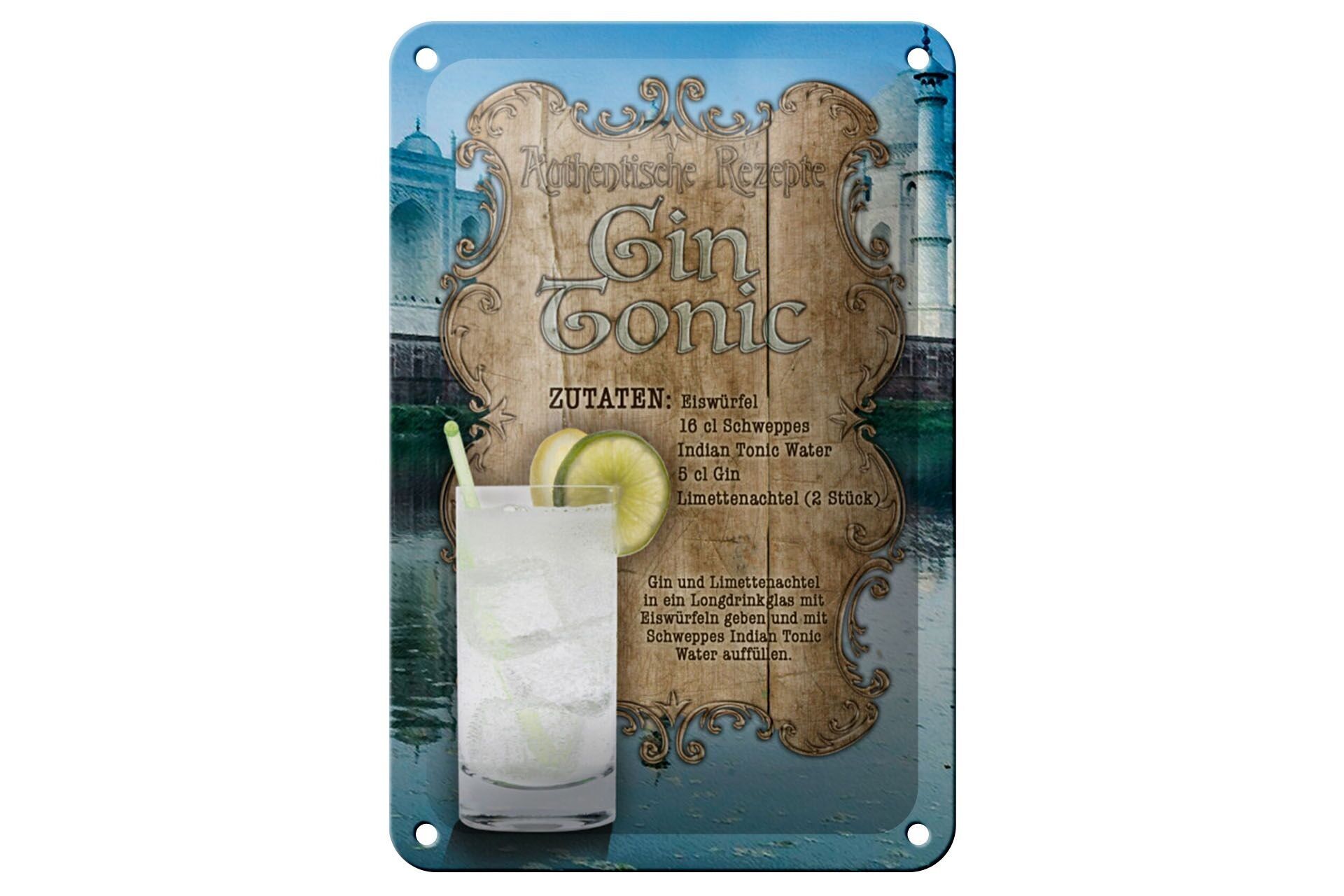 Targa in metallo ricetta 12x18 cm Ingredienti Gin Tonic Decorazione Indian Tonic