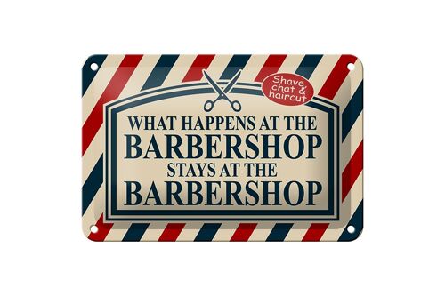 Blechschild Spruch 18x12cm what happens at the Barbershop Dekoration