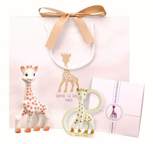 Création classique - composition 1 (Sophie la girafe + Anneau de dentition à base de caoutchouc 100% naturel) Sac cadeau et carte dans le coffret pour accompagner lors de l'achat