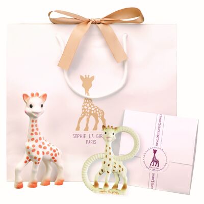 Klassische Kreation - Komposition 1 (Sophie la girafe + Beißring aus 100% Naturkautschuk) Geschenktüte und Karte in der Schachtel zum Kauf