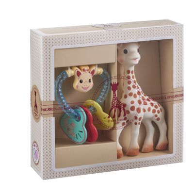 Klassische Kreation - Komposition 3 (Sophie la girafe + Herzrassel)
 Geschenktüte und Karte in der Box zum Kauf