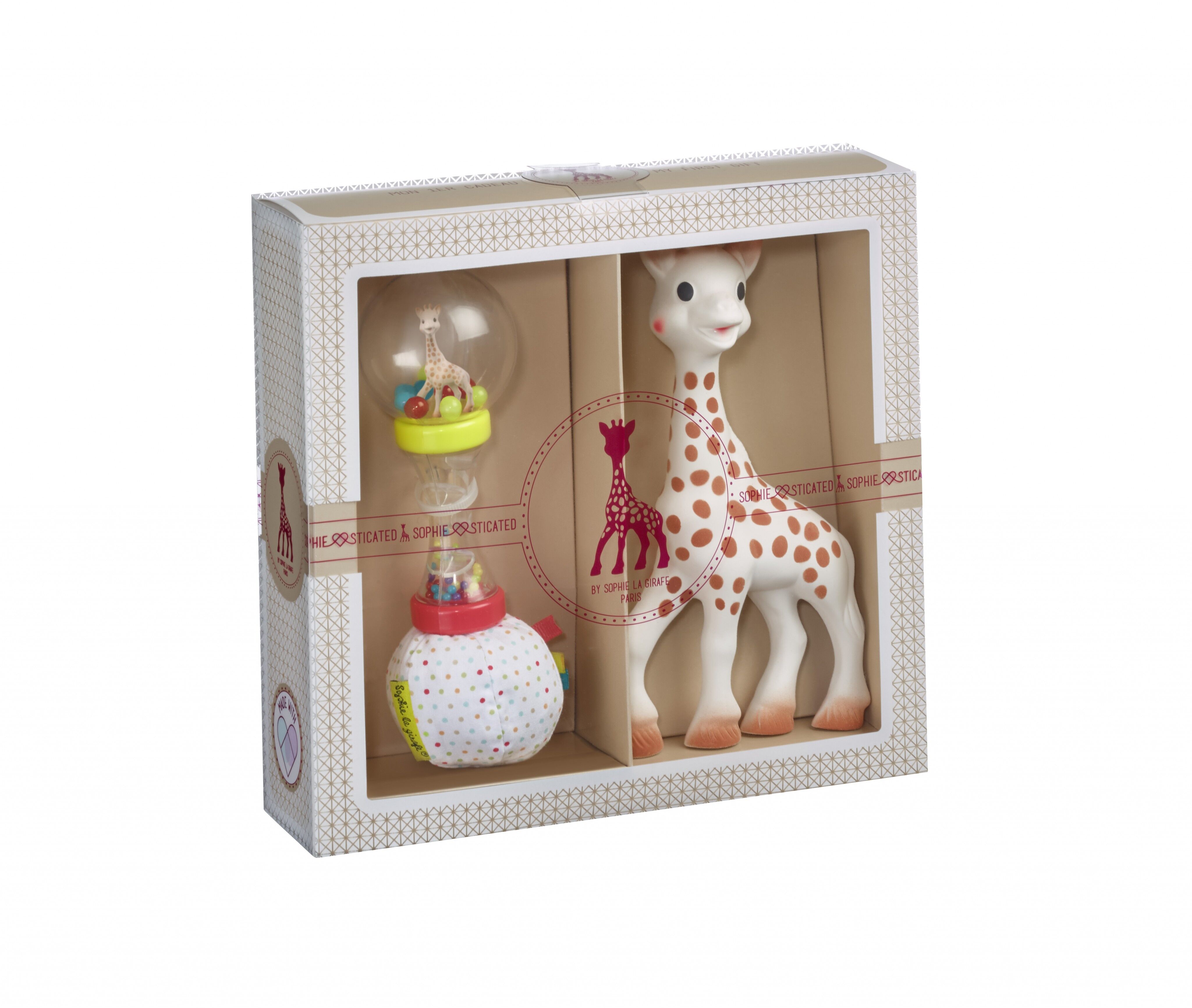 Klassische Kreation - Komposition 4 (Sophie la girafe + weiche Maracas) Geschenktüte und Karte in der Schachtel, die beim Kauf mitgeliefert wird