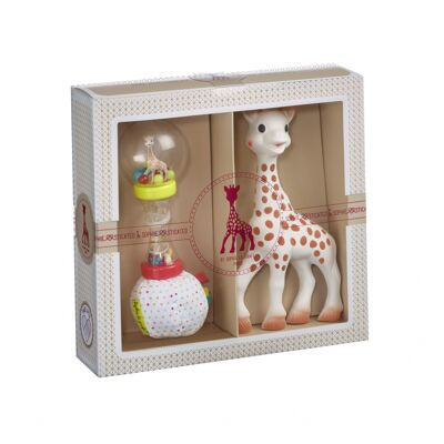 Klassische Kreation - Komposition 4 (Sophie la girafe + weiche Maracas) Geschenktüte und Karte in der Schachtel, die beim Kauf mitgeliefert wird