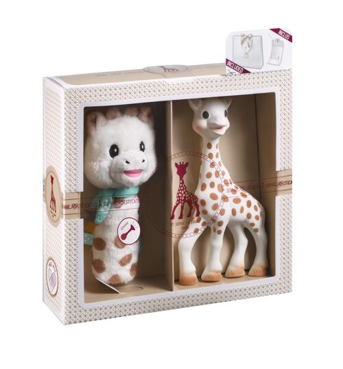 Création classique - composition 5 (Sophie la girafe + hochet Pouet ) sac cadeau et carte dans le coffret pour accompagner lors de l'achat