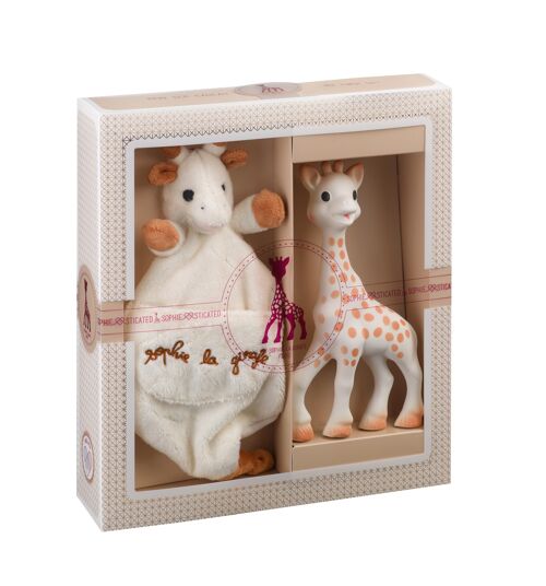 Création tendresse - composition 1 (Sophie la girafe + Doudou avec attache-sucette)
 Sac cadeau et carte dans le coffret pour accompagner lors de l'achat