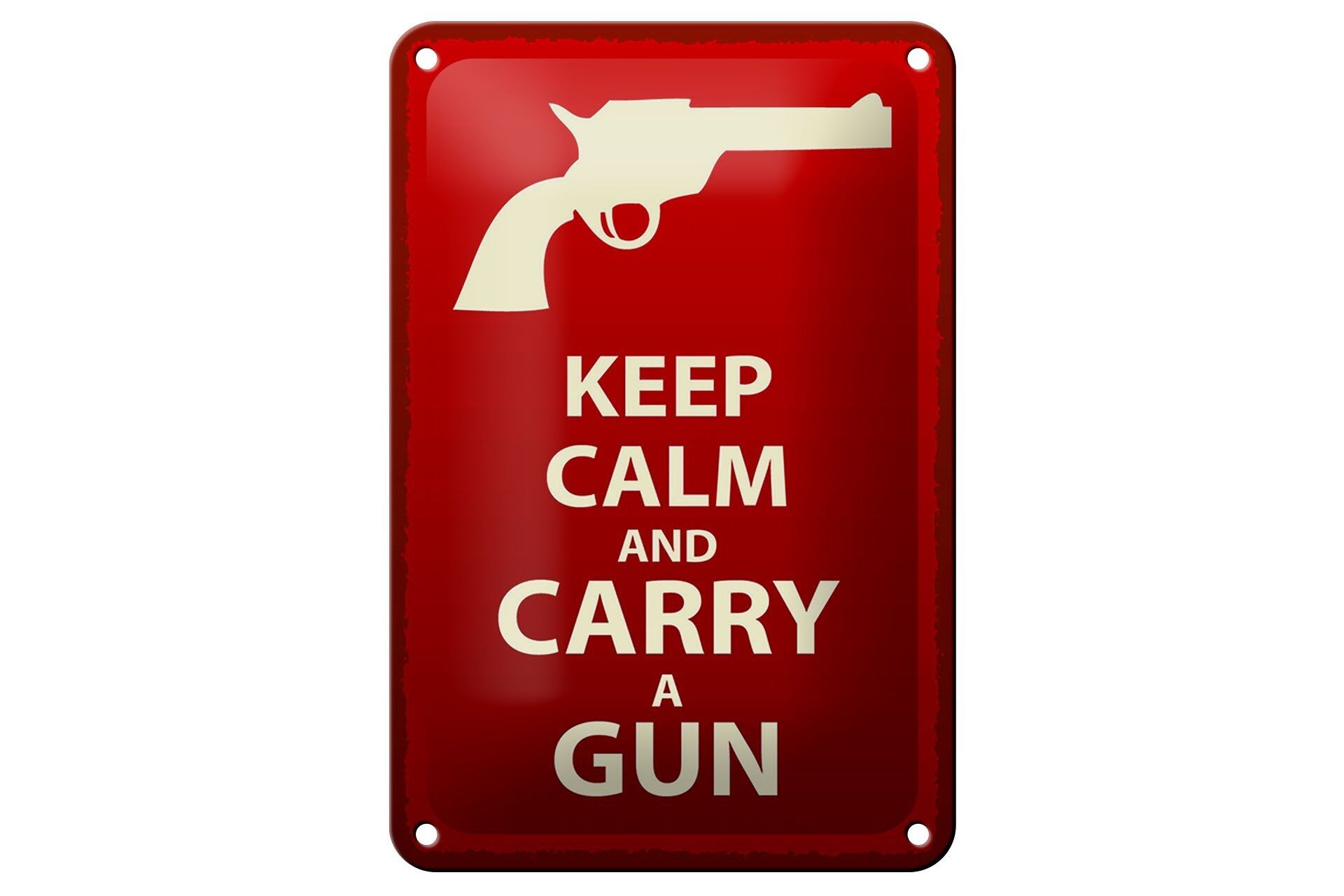 Targa in metallo con scritta "Keep Calm and carry" 12x18 cm, decorazione con pistola