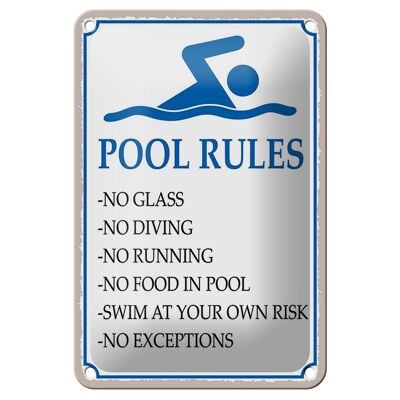 Letrero de chapa que dice "Reglas de piscina de 12x18 cm", sin vidrio, sin decoración de buceo