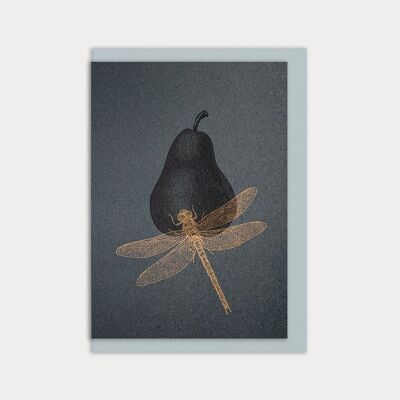 Folded card / pear with dragonfly / recycled paper