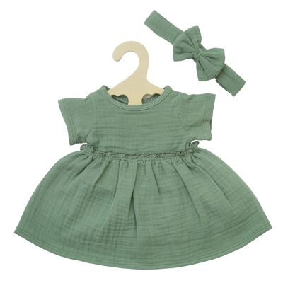Vestito per bambola in 100% cotone biologico con volant e fascia per capelli, verde salvia, 2 pezzi, taglia. 35-45 cm