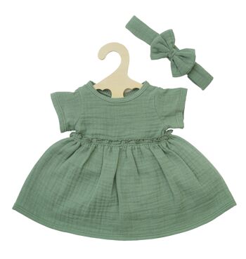 Robe de poupée en coton 100% biologique avec volants et bandeau, vert sauge, 2 pièces, taille. 28-35 cm 1